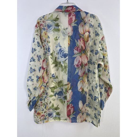 Vintage Sheer Chiffon Blouse Floral Print Boho Garden Button Down S/M - Picture 8 of 11